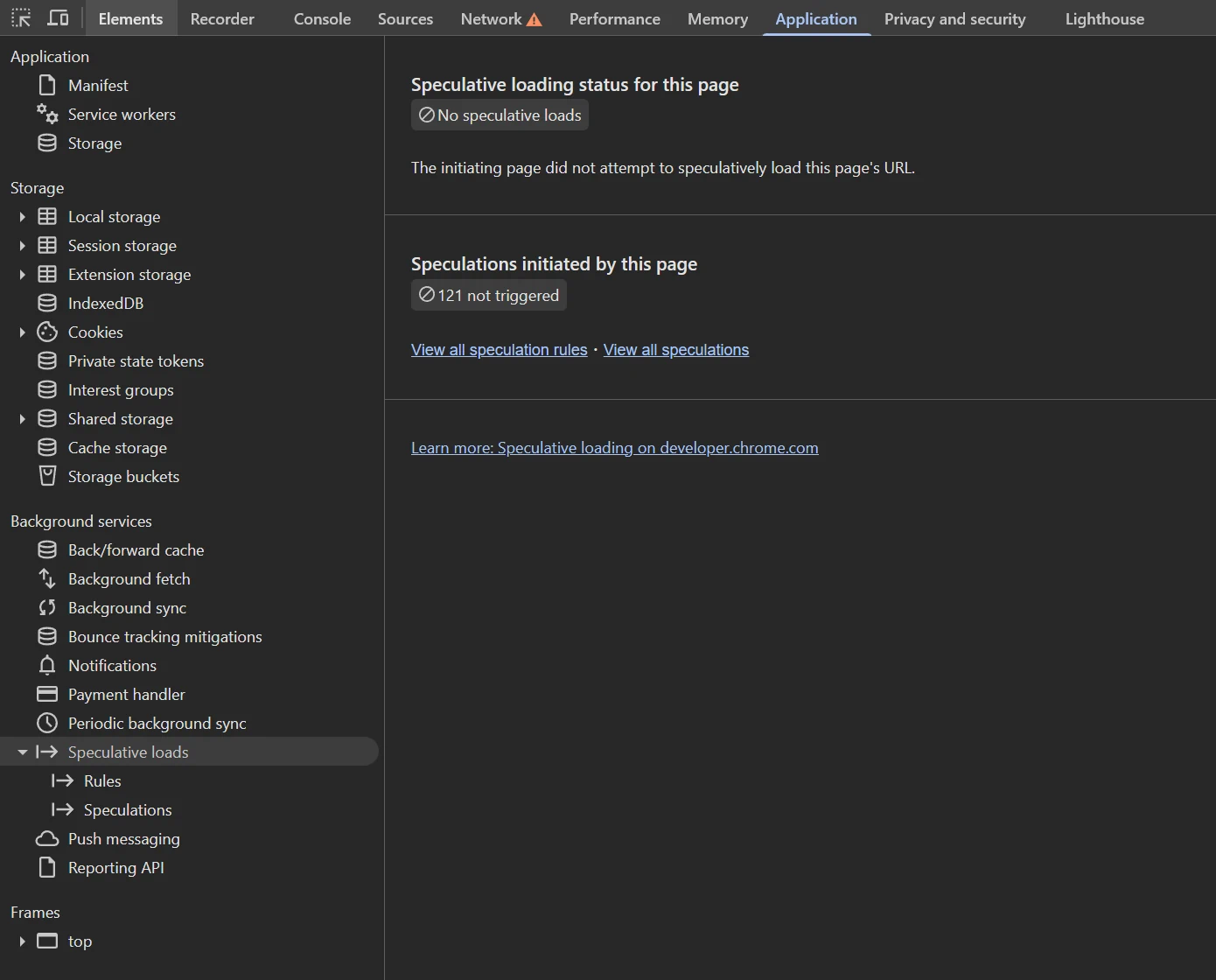 An image depicting the Speculative Loads screen of the Chrome developer tools showing that no speculative loads occurred on the page.