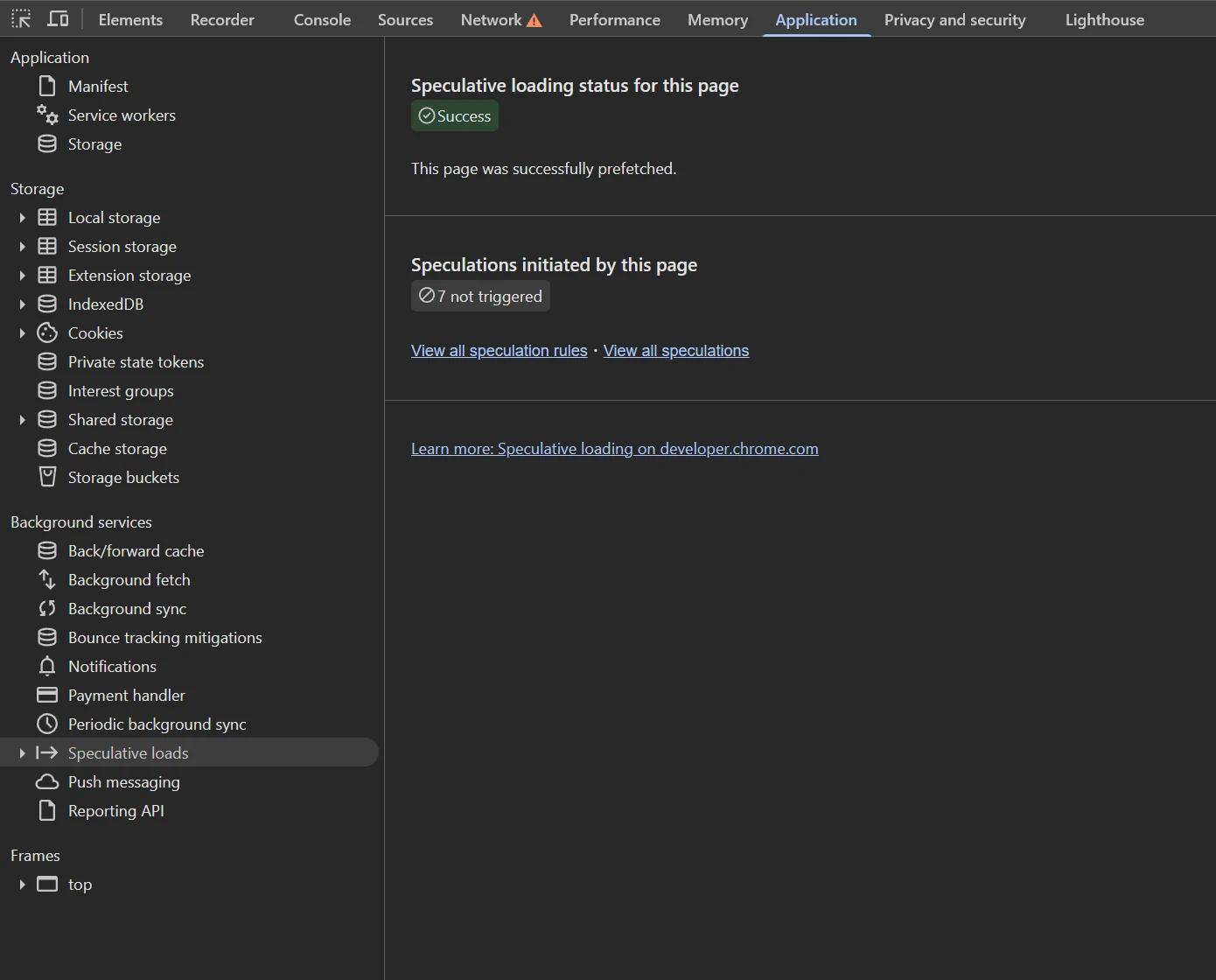 An image depicting the Speculative Loads screen of the Chrome developer tools showing a successful speculative load status for the page.